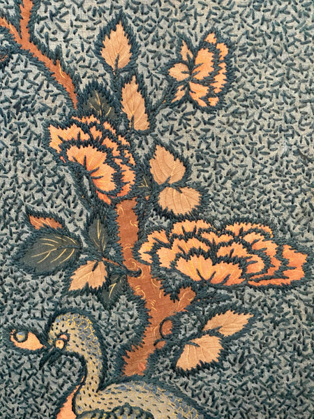 Antique Crewelwork Embroidered Tree of Life Wallhanging in Antique Japanese Bamboo Frame (2): C1900 Britain