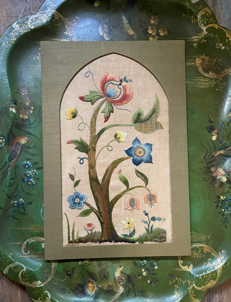 Arts and Crafts Tree of Life Embroidery Jacobean Revival Antique Crewelwork: C1920 Britain