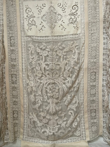 Antique Filet Lace Embroidered Linen Bedcover or Throw: C1900 France