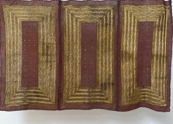 Antique Gold Thread Embroidered Panel Curtain Wallhanging:C20th Indonisia