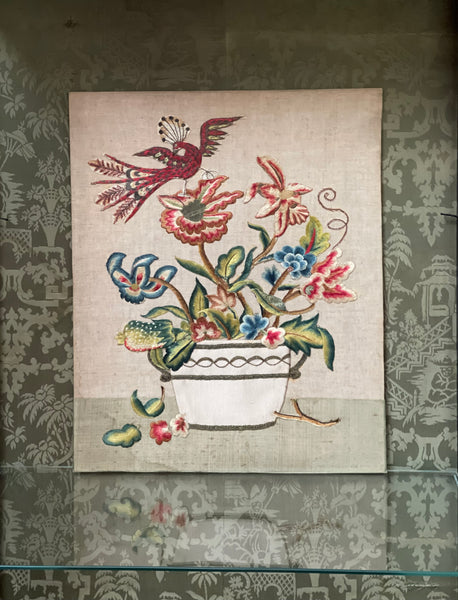 Charming Appliquéd Still Life with Early 18th Century Silk Embroidered Flowers, Bird and Fruit: C1910 English