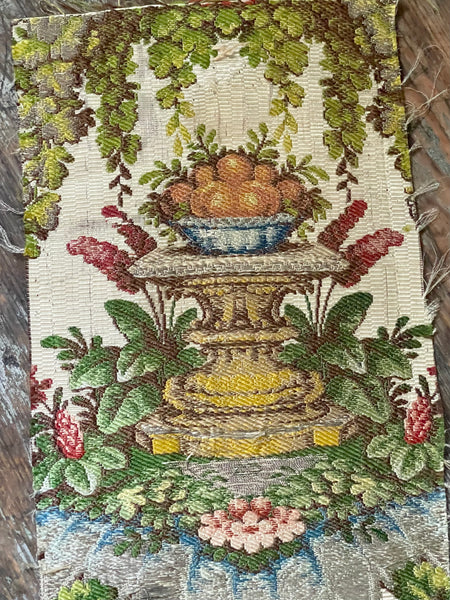 Antique Silk Brocade Panel with Urns & Fruit in Bower: C18th France