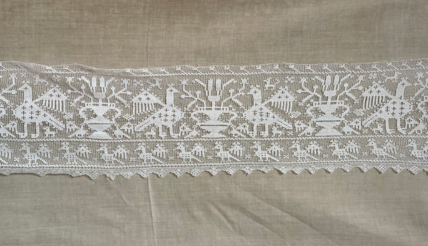 Untitled Antique Filet Lace Valance with Birds & Vases: C19th Europe