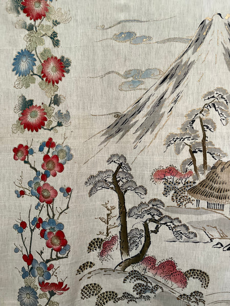 Traditional Block Printed Hand Painted Wallhanging with Mount Fuji: C1930 Japan