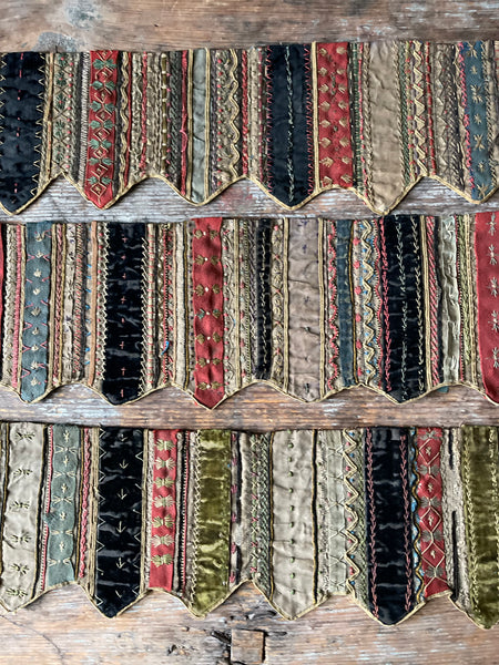 Handmade Victorian Silk Velvet Embroidered Shelf Pelmets x 3: C19th Britain