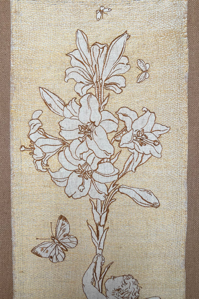 Antique Art Nouveau Silk Embroidery with Cupid & Lily in the manner of Walter Crane: C1900 England