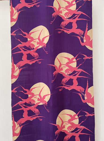 Art Deco era Printed Silk with Cranes Flying across Moon: C1920 Japan