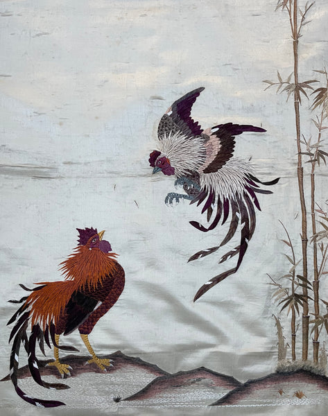 Fine Antique Silk Embroidered Wall Hanging with Cockerels: C19th China