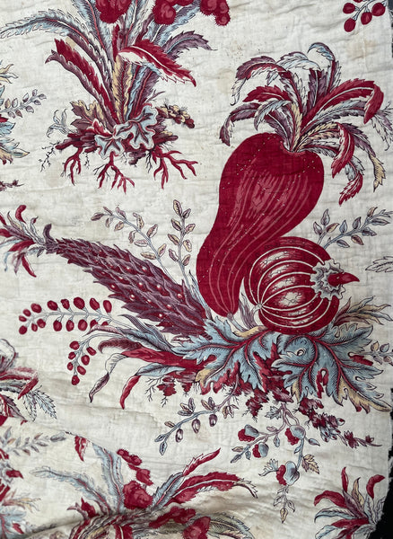 Rare Antique Indiennes Block Print Quilted Panel with Exotic Fruit and Foliage: C18th France