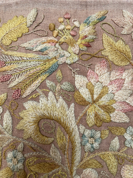 Antique Georgian Crewelwork Embroidery with Birds and Florals: C1700s England