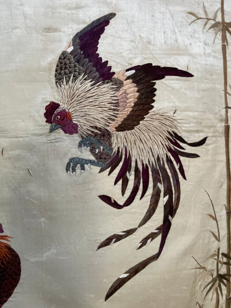 Fine Antique Silk Embroidered Wall Hanging with Cockerels: C19th China