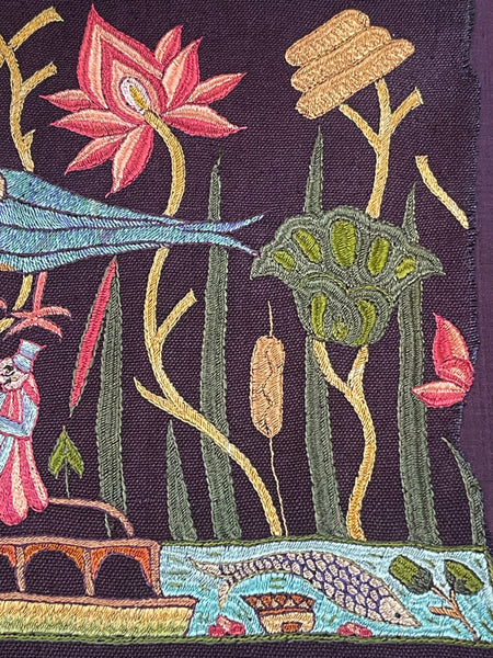 Antique Silk Embroidery with Houseboats, Birds and Florals: Late 19th, Srinagar, Kashmir, India