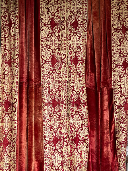 Antique Silk Velvet Panel with Chinoiserie Appliqué & Embroidered Borders: C1920 Britain