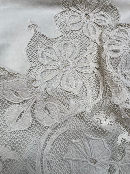 A Pair of Art Nouveau Cutwork and Embroidered Chateau Window Curtain Panels: C1900 France
