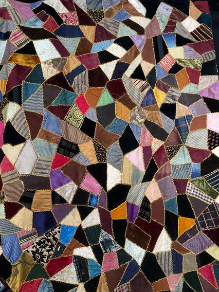 Antique Handmade Silk & Velvet Crazy Patchwork Quilt: C1880 English