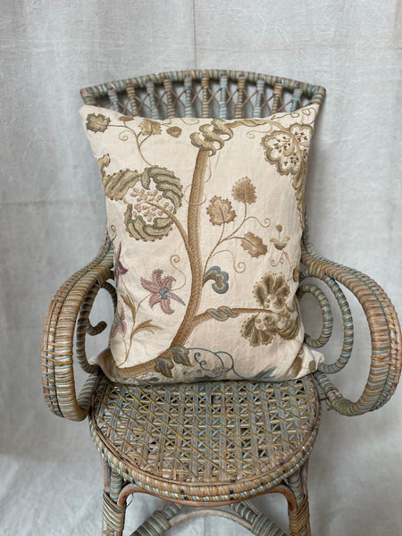 Antique Crewelwork Embroidered Jacobean Revival Tree of Life Cushion Pillow: C1900 Britain