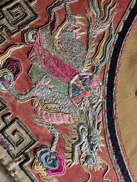 Extraordinarily Fine Stumpwork Embroidered Dragon Chasing Pearl: C1900 China