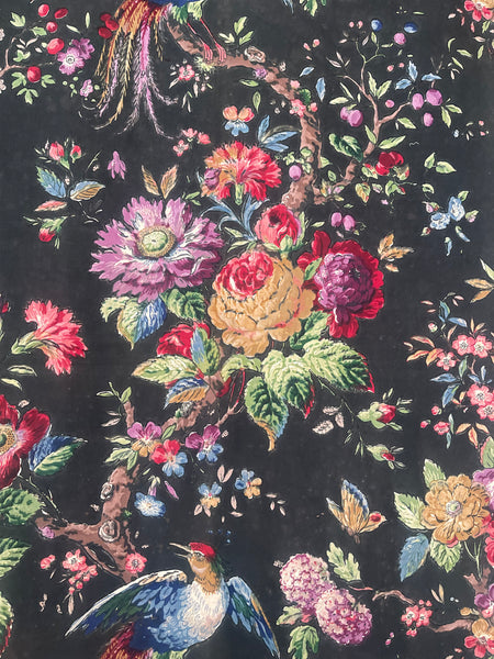 Original Antique Block Printed Chintz with Birds of Paradise and Florals: Late 18th early 19th century