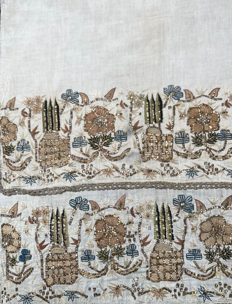Pair Antique Ottoman Embroideries Silk and Metal Thread With Architectural & Garden Elements: C19th Turkey