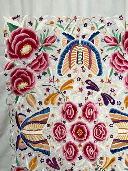 Antique Embroidered Bedcover Throw Curtain with Butterflies Florals Dragonflies: C20th Mexico