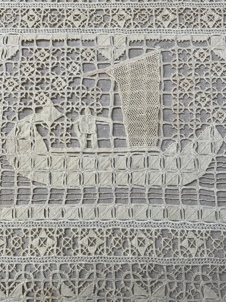 Antique Reticula Needlepoint Figurative Lace Panel Viking Ship: C1910 Europe