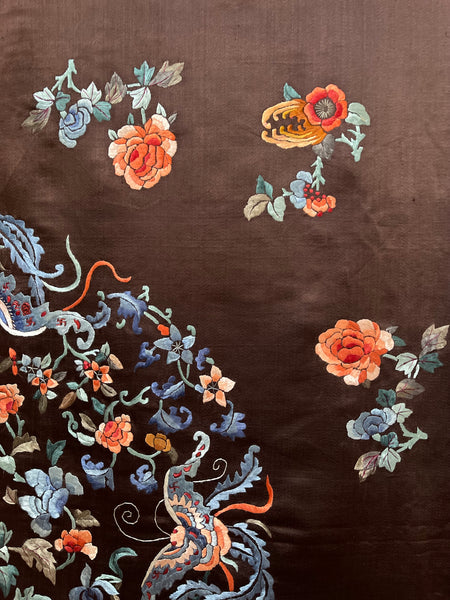 Fine Silk Embroidered Wallhanging with Symbolic Bats, Butterflies, Peonies: C19th China for export