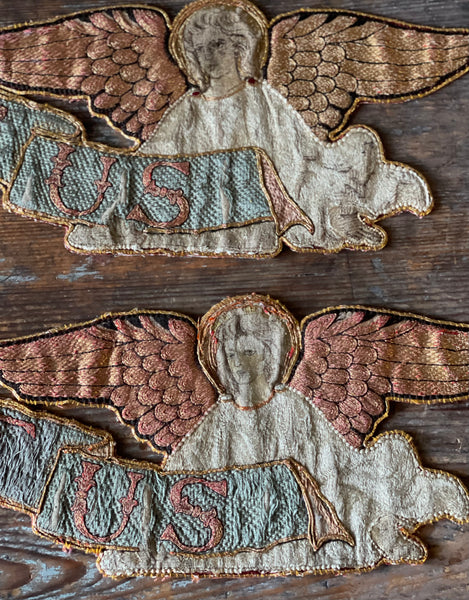 Pair of Fine Silk Embroidered Arts and Crafts ‘Sanctus’ Angel Appliqués :C1890 English