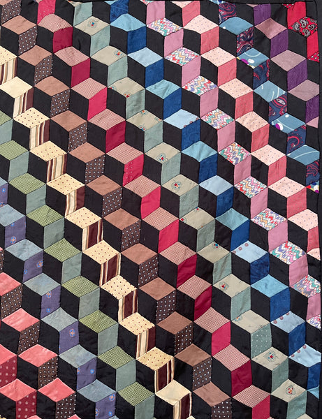 Antique Handmade Tumbling Blocks Silk Patchwork Quilt made with Cravat & Scarf Silks: C1910/20 Britain