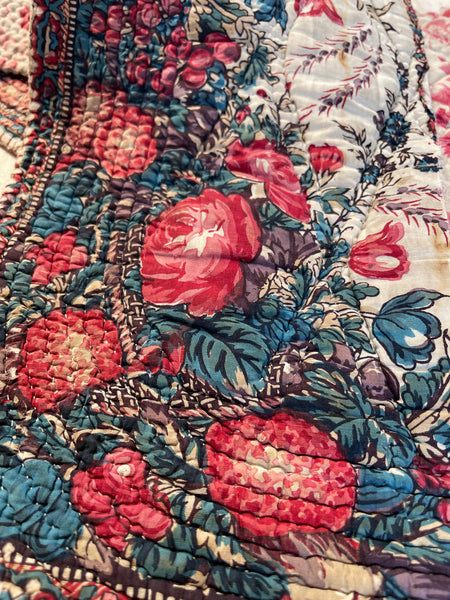 Antique Quilted Block Print & Hand Painted Floral Mezzaro Border: C19th Europe