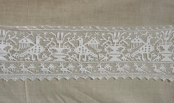 Untitled Antique Filet Lace Valance with Birds & Vases: C19th Europe
