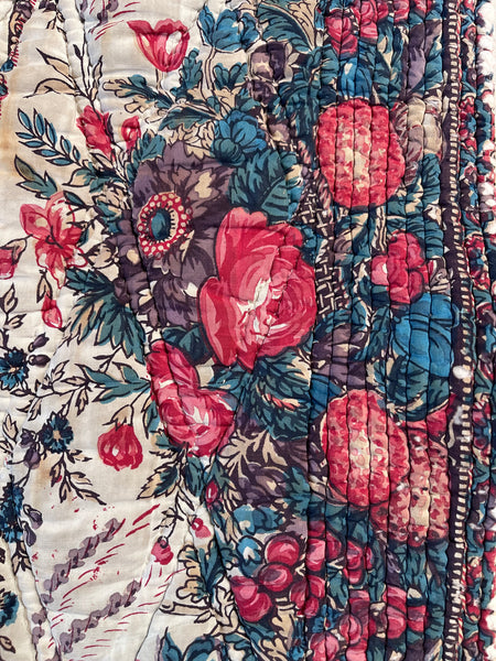 Antique Quilted Block Print & Hand Painted Floral Mezzaro Border: C19th Europe