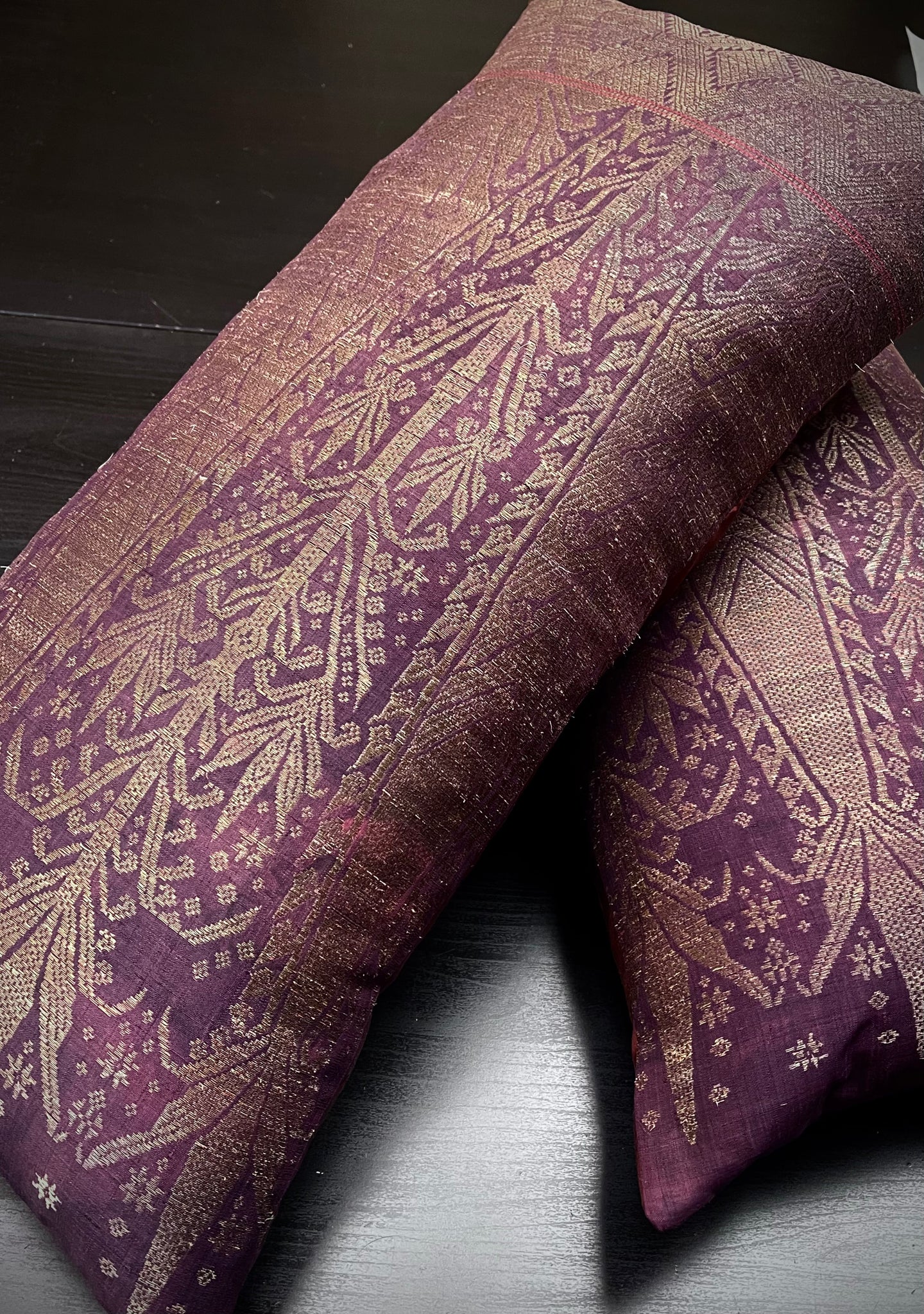 Handmade Cushion Made with Antique Brocaded Silk and Gilt Thread Panel: C19th Sumatra