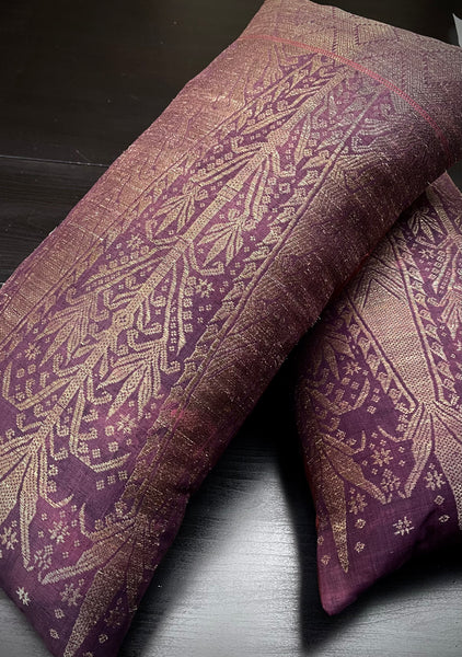 Handmade Cushion Made with Antique Brocaded Silk and Gilt Thread Panel: C19th Sumatra