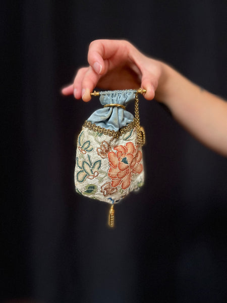 Antique Collectable Coin Purse with Chinese Embroidery: C19th Britain / China