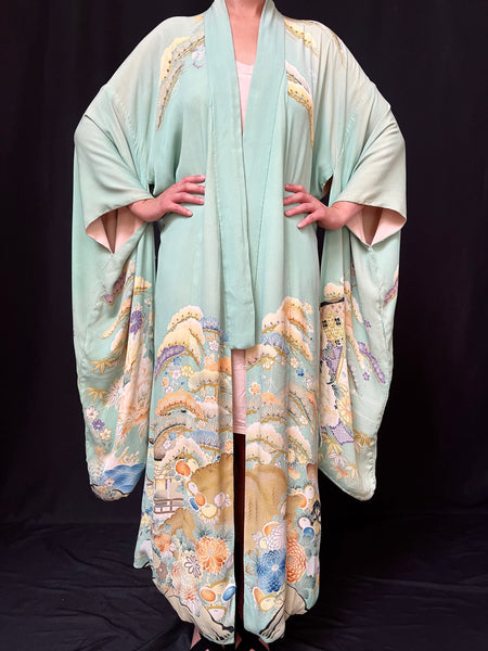 Hand Painted & Stencilled Reversible Silk Kimono Peppermint Green & Powder Pink: C1930 Japan