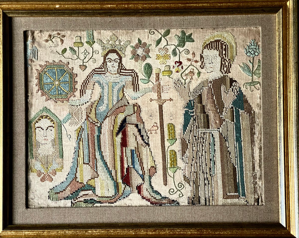 Rare Elizabethan Silk Embroidery with Saints, Insects, Pea-pods: C16th English