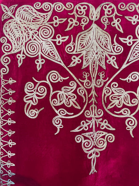 Antique Ottoman Era Magenta Pink Silk Velvet Panel with Traditional Hand Applied Silver Braiding: C19th Algeria