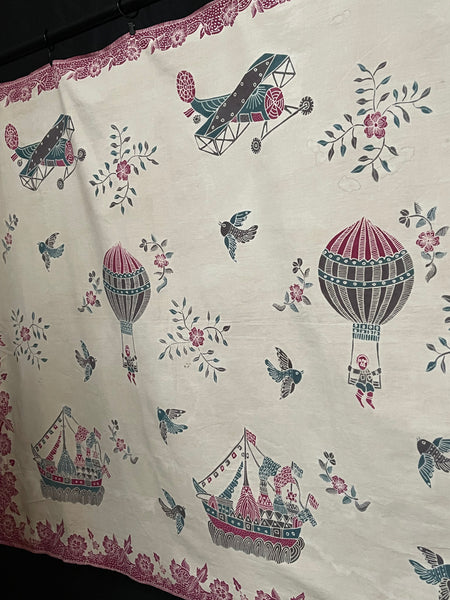 Antique Hand Painted Batik Skirt Panel with Hot Air Balloons Planes & Ships: C20th Java, Indonesia