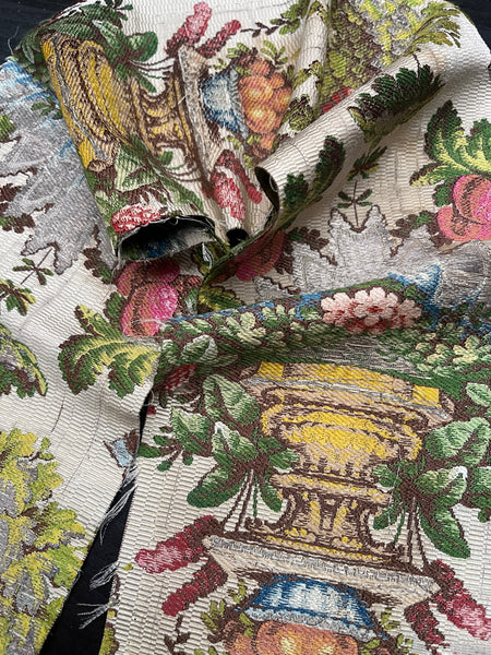 Antique Silk Brocade Panel with Urns & Fruit in Bower: C18th France
