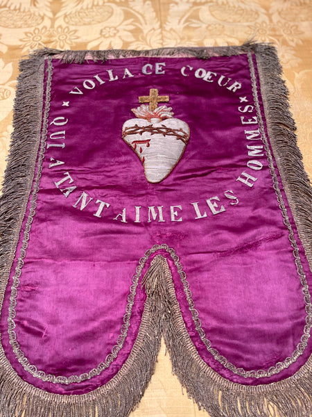 Antique Silk Embroidered Ecclesiastical Wallhanging Banner with Stumpwork Heart: C19th France