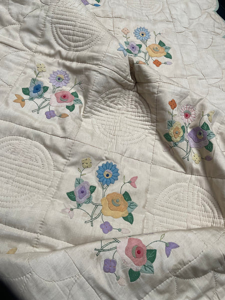 Pretty Handmade Silk Quilt with Appliquéd Floral Motifs: C1930 China for Export to Europe