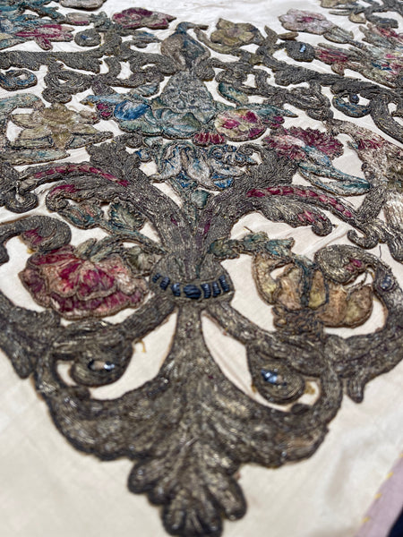 Antique Early Silk and Metal Thread Embroidered Appliqué Panel: C17th Britain