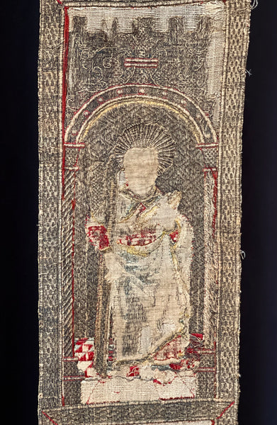 Rare Tudor Orphrey Silk and Metal Thread Embroidered Panels with Iconography Saints: C16th England