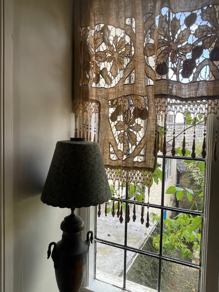 Antique Richelieu Hand Embroidered Pelmet or Café Curtain with Carved Beaded Fringe: C1900 France