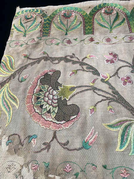 Antique Jacobean Silk and Metal Thread Floral Embroidery: C17th Europe