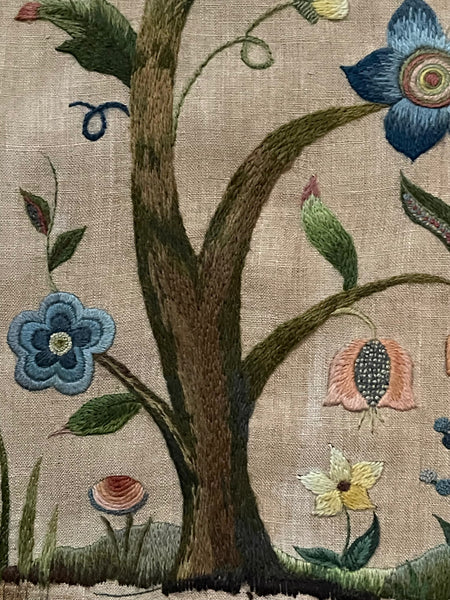 Arts and Crafts Tree of Life Embroidery Jacobean Revival Antique Crewelwork: C1920 Britain