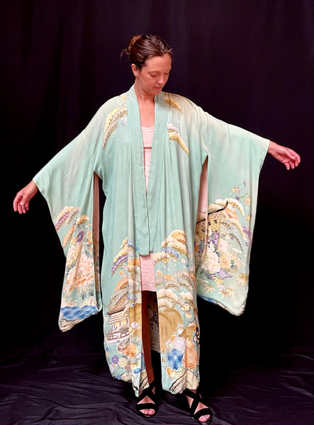 Hand Painted & Stencilled Reversible Silk Kimono Peppermint Green & Powder Pink: C1930 Japan