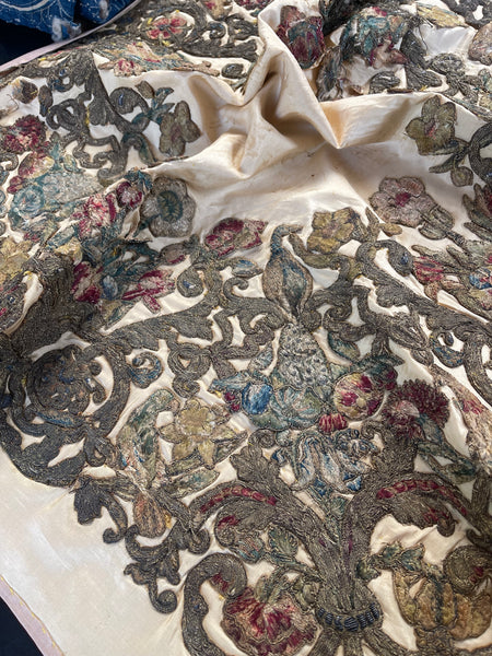Antique Early Silk and Metal Thread Embroidered Appliqué Panel: C17th Britain