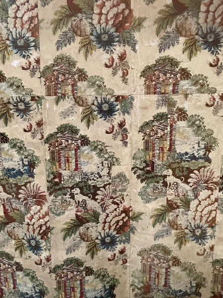 Antique Huguenot Silk Brocade with Architectural Elements and Dogs: C18th Spitalfields, London