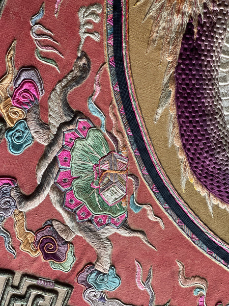 Extraordinarily Fine Stumpwork Embroidered Dragon Chasing Pearl: C1900 China